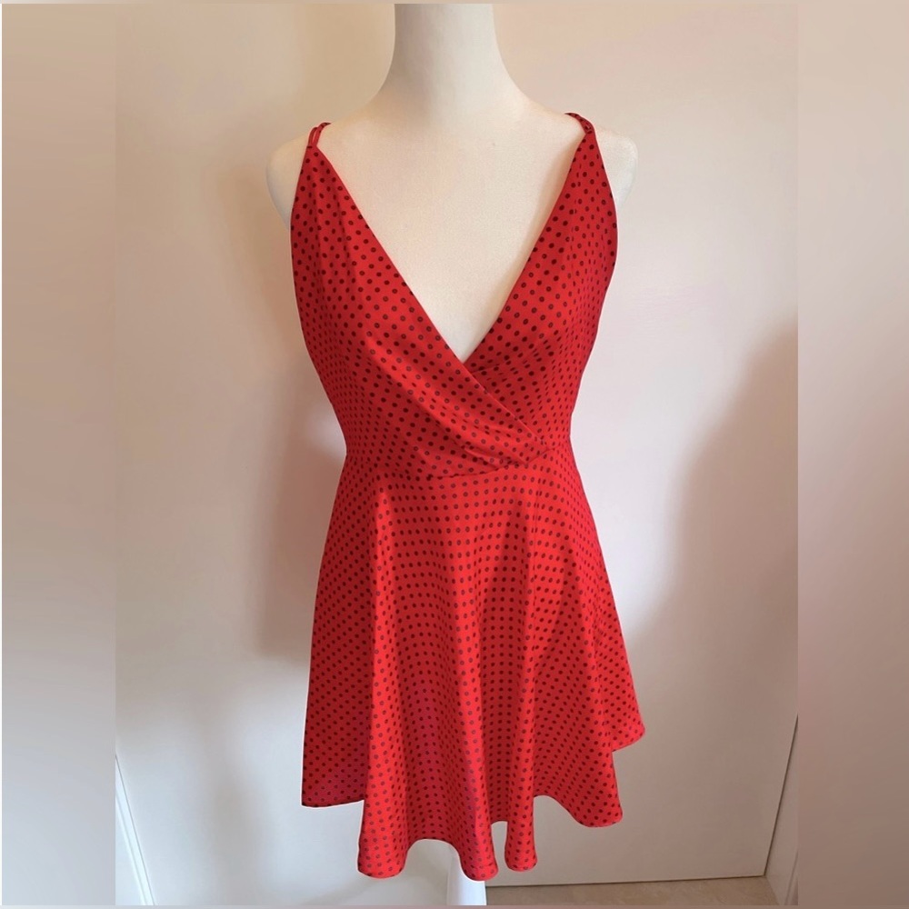 NWT Zara Red with Black Polkadots Spaghetti Straps that Tie Dress Size M